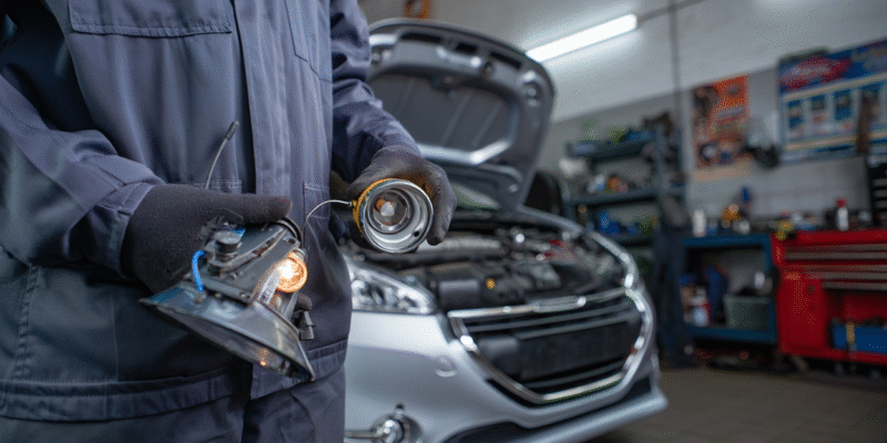 Homme dans un garage qui est en train de remplacer une ampoule pour sa voiture peugeot 208
