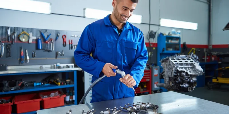 Garagiste en train de nettoyer des injecteurs diesel dans son atelier