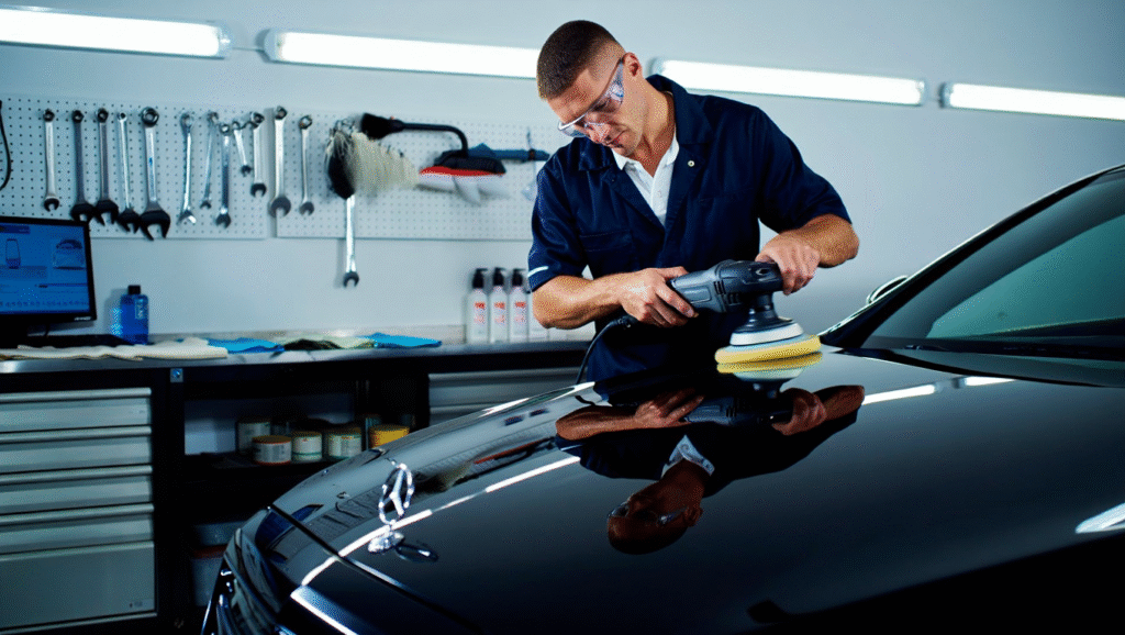 Garagiste en train de polire un véhicule