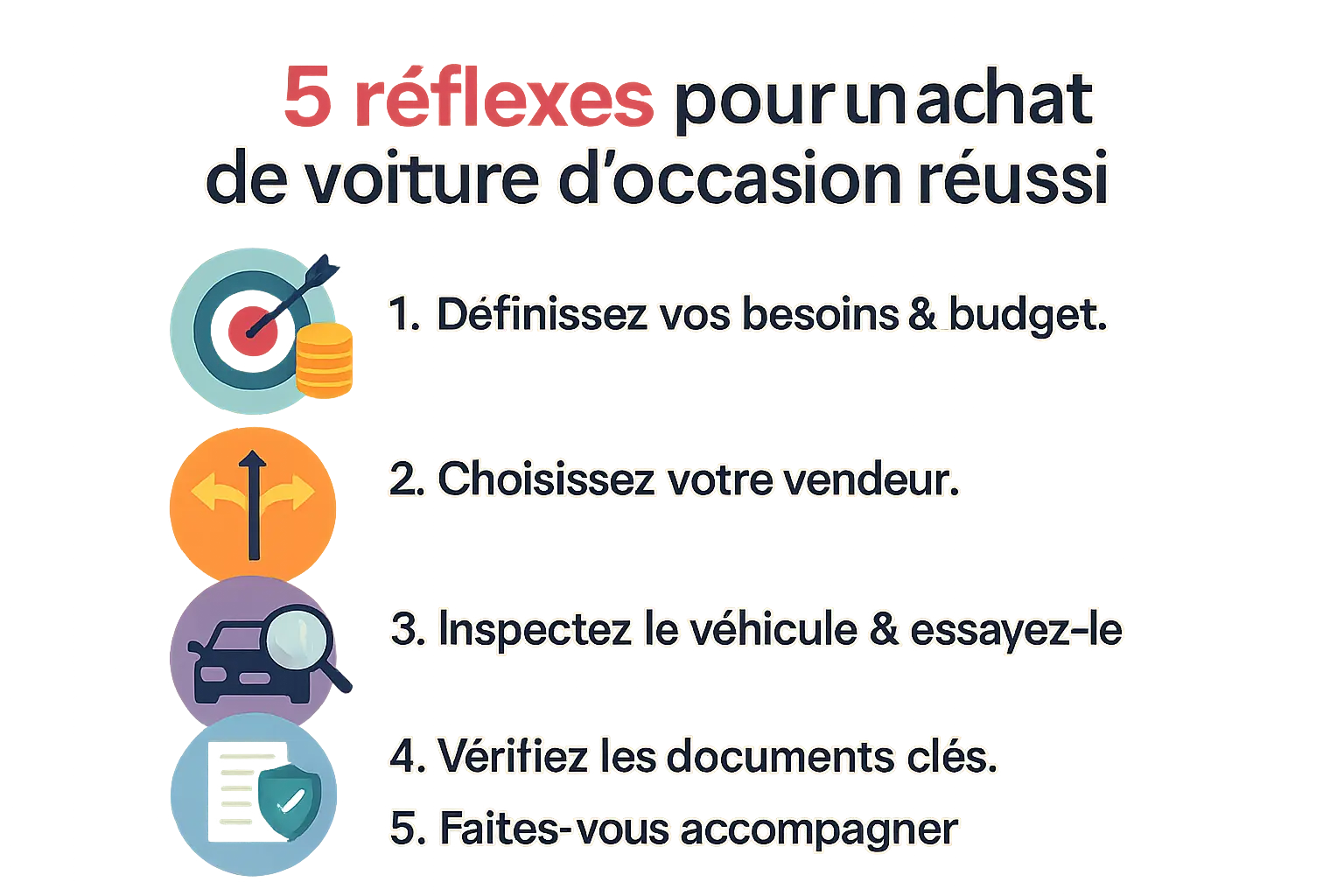 Illustration des 5 réflexes pour un achat de voiture d'occasion réussi