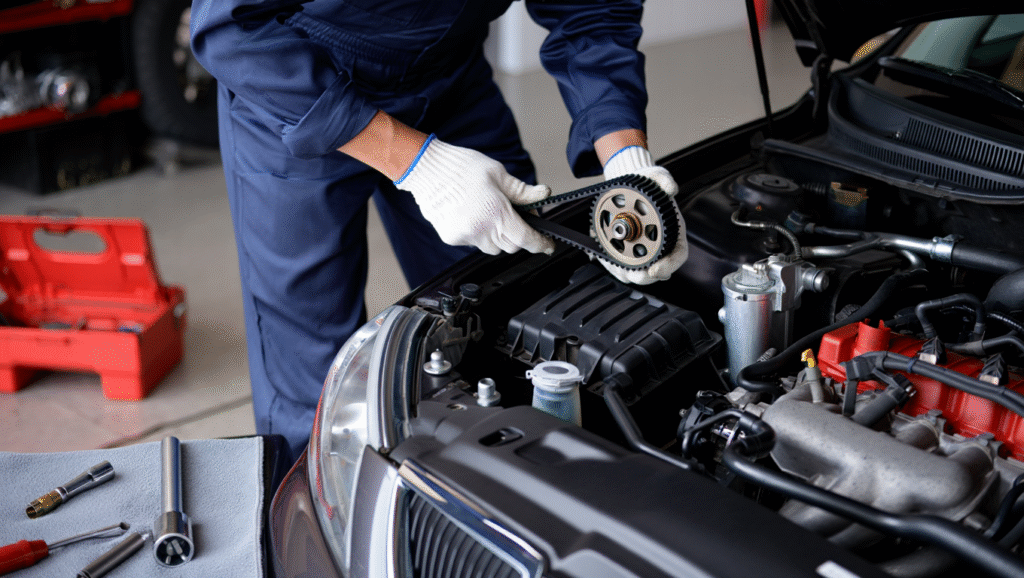 Zoom sur une courroie de distribution crantée d'un véhicule dans un garage