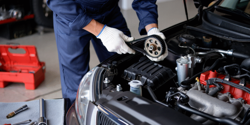 Zoom sur une courroie de distribution crantée d'un véhicule dans un garage
