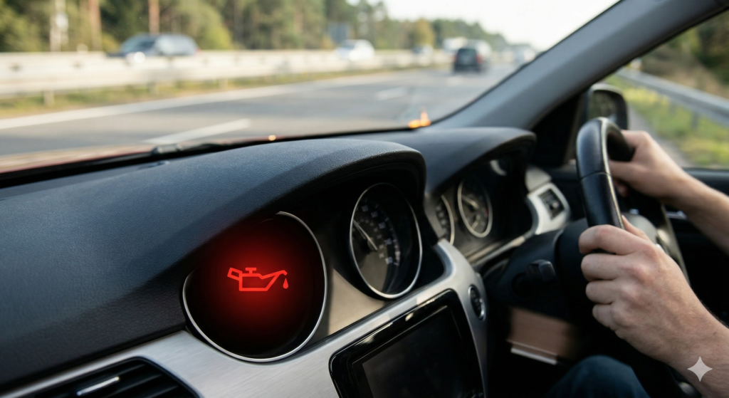 Gros plan sur un tableau de bord de voiture en circulation affichant le voyant rouge de pression d'huile moteur allumé, symbolisant une urgence mécanique absolue.