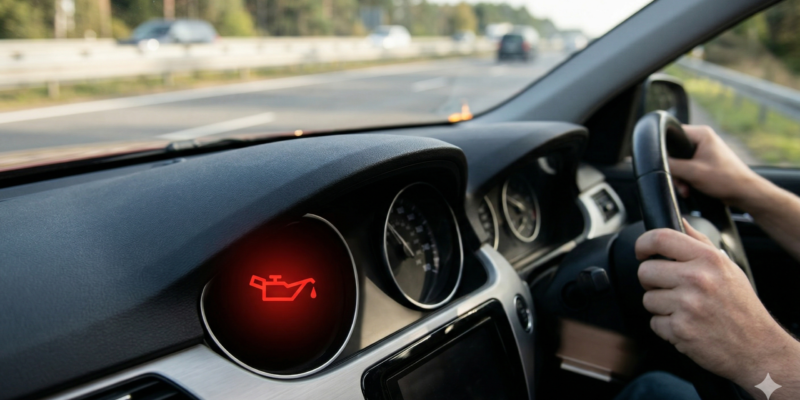 Gros plan sur un tableau de bord de voiture en circulation affichant le voyant rouge de pression d'huile moteur allumé, symbolisant une urgence mécanique absolue.