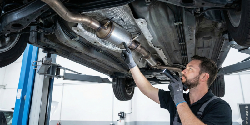 Un mécanicien professionnel sous un véhicule sur un pont élévateur, pointant du doigt le filtre à particules (FAP) sur la ligne d'échappement pour aider à sa localisation.