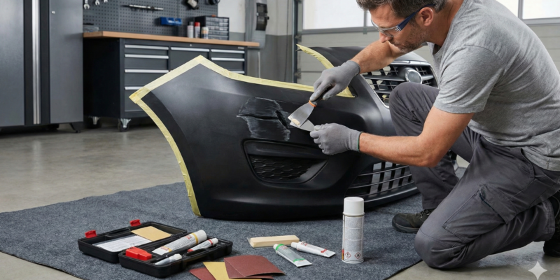 Un homme agenouillé répare une rayure sur un pare-chocs en plastique noir posé au sol, dans un garage équipé pour des travaux de mécanique, avec des outils et du matériel visibles autour de lui.