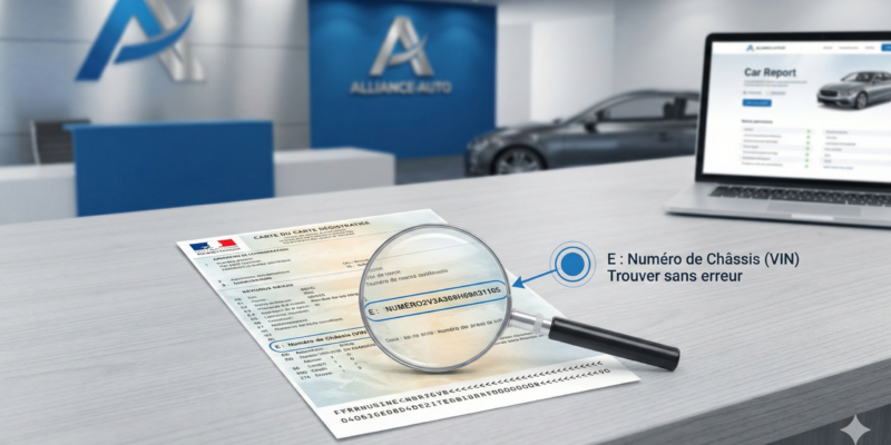Dans un garage ou concessionnaire, une carte grise est posée sur un comptoir avec un ordinateur à côté. Une loupe met en évidence le numéro de châssis. En arrière-plan, une voiture est visible dans la pièce.