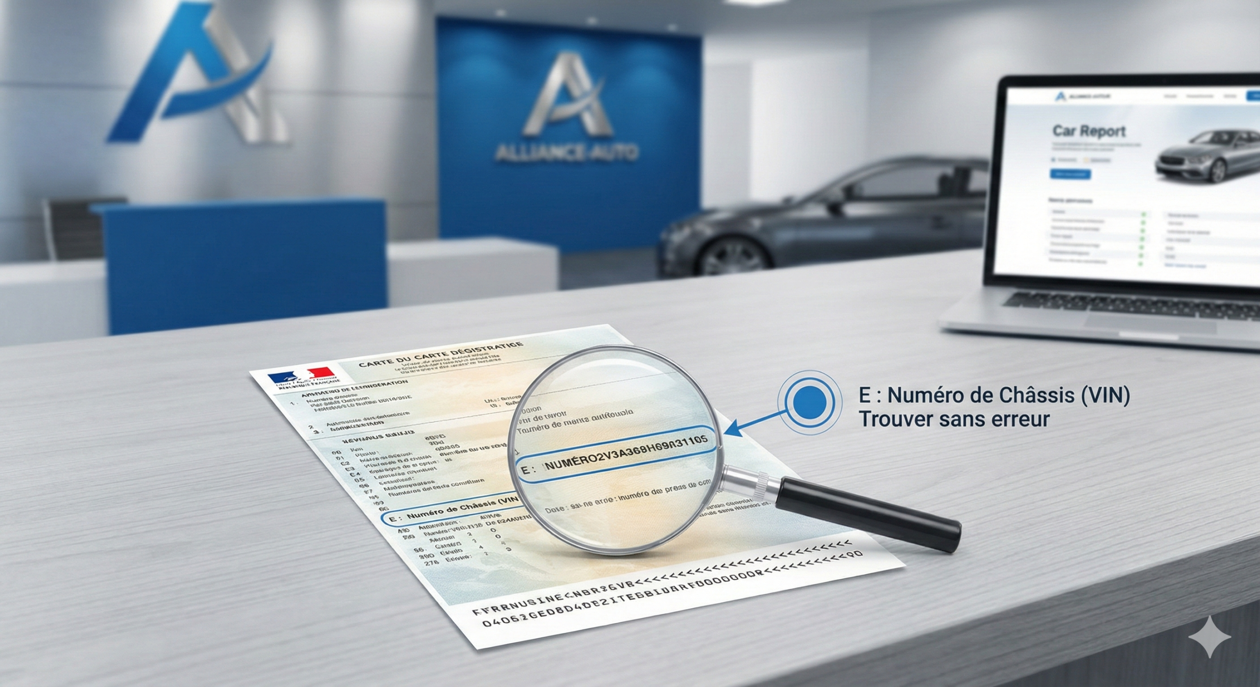 Dans un garage ou concessionnaire, une carte grise est posée sur un comptoir avec un ordinateur à côté. Une loupe met en évidence le numéro de châssis. En arrière-plan, une voiture est visible dans la pièce.