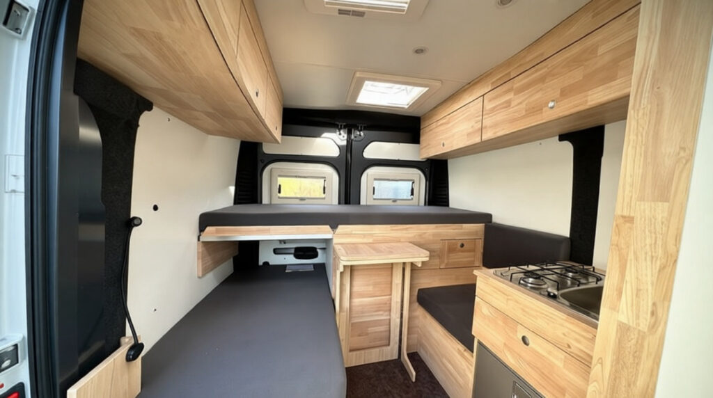 Intérieur moderne et optimisé d'un van aménagé avec lit, kitchenette, table pliante et rangements en bois clair.