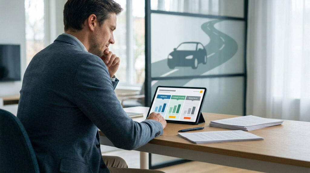 Un homme analyse des graphiques sur une tablette pour comparer des offres d'assurance auto. Silhouette de voiture en arrière-plan.