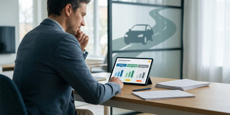 Un homme analyse des graphiques sur une tablette pour comparer des offres d'assurance auto. Silhouette de voiture en arrière-plan.