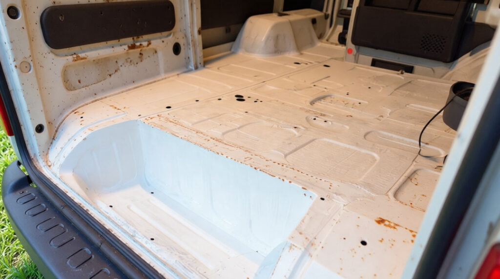 Intérieur d'un fourgon utilitaire blanc ouvert à l'arrière, montrant le plancher métallique rouillé et les passages de roues.