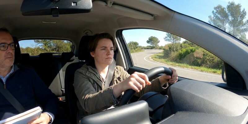 Une jeune personne concentrée conduit une voiture, un instructeur prend des notes. La voiture est sur une route sinueuse bordée d'arbres.