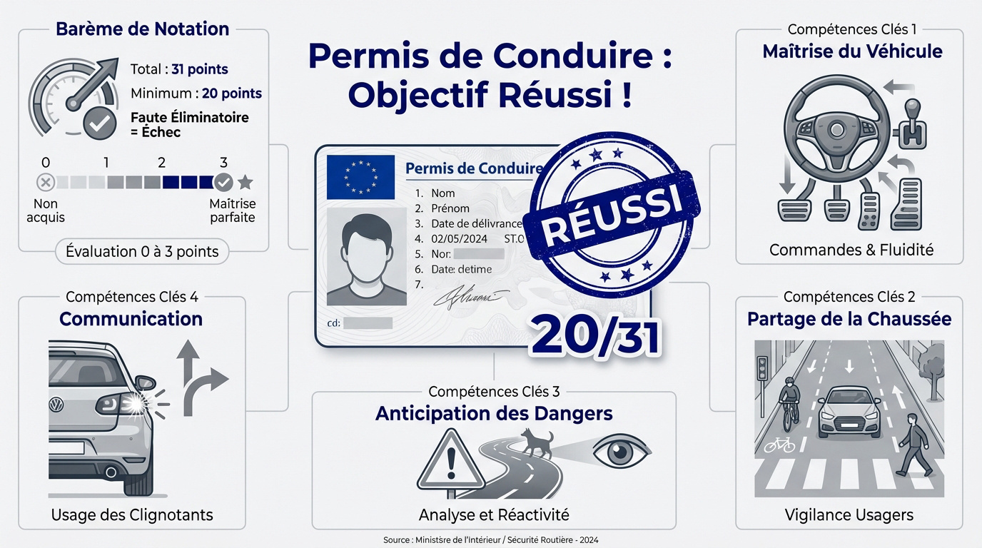 Réussite de l'examen pratique du permis de conduire avec un inspecteur