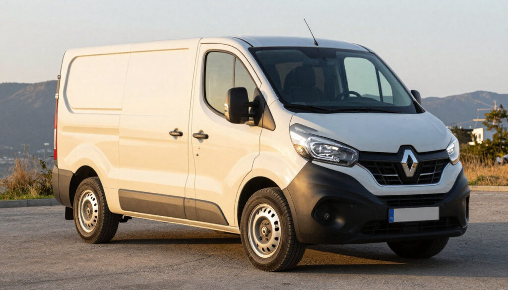 Fourgon utilitaire Renault blanc stationné sur une route, avec des montagnes en arrière-plan sous un ciel clair.
