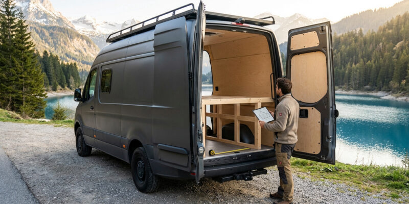 Homme aménageant l'arrière d'un van gris avec structure en bois, devant un lac et des montagnes enneigées, tenant une tablette.