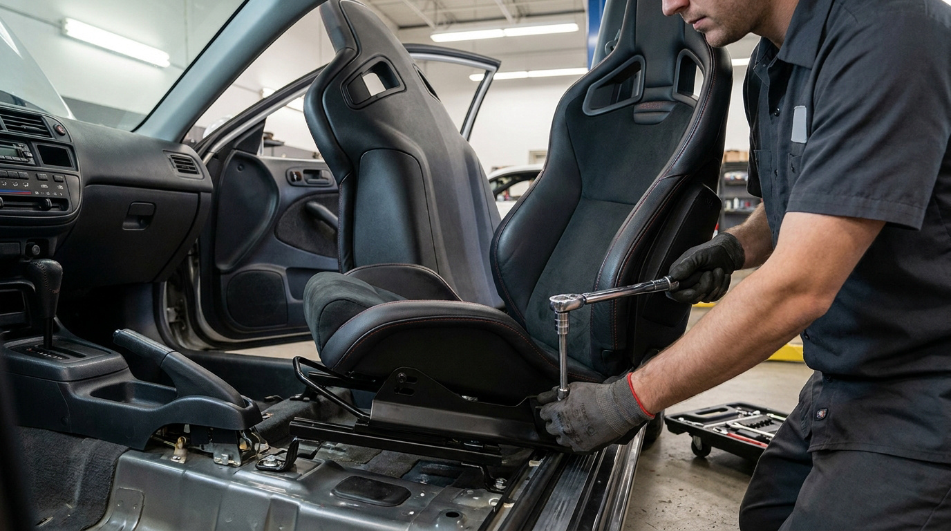 Mécanicien vissant un siège baquet sportif noir dans l'habitacle d'une voiture, outils et plancher métallique exposés.