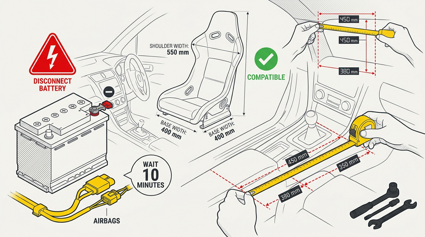 Préparation de l'habitacle et mesure de l'espace pour l'installation d'un siège baquet