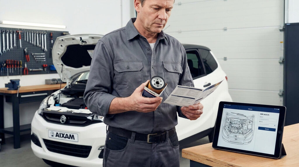 Mécanicien en chemise grise inspectant un filtre à huile et un manuel, devant une Aixam blanche capot ouvert et une tablette avec schéma moteur.