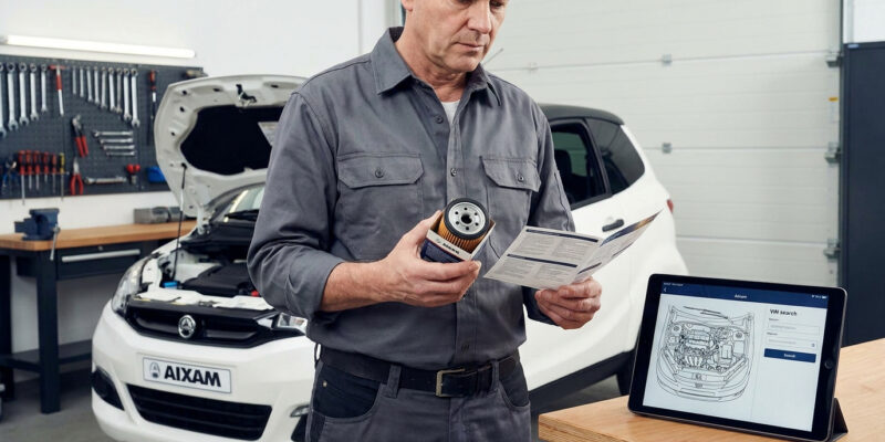 Mécanicien en chemise grise inspectant un filtre à huile et un manuel, devant une Aixam blanche capot ouvert et une tablette avec schéma moteur.