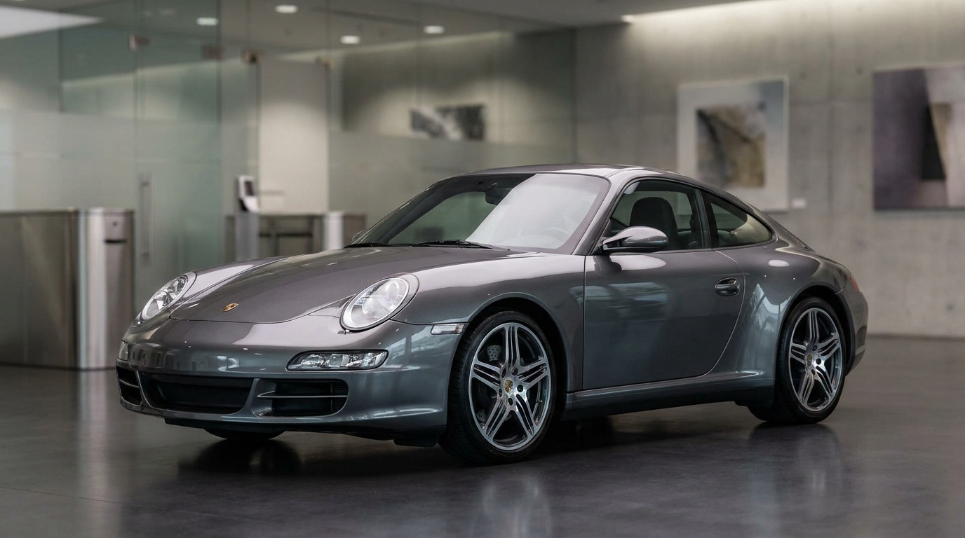 Porsche 911 gris anthracite (type 997) stationnée dans un showroom lumineux avec des murs vitrés et œuvres d'art.