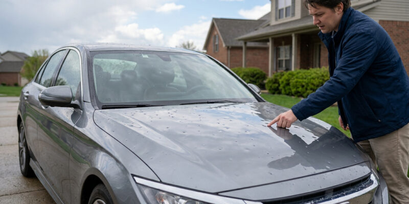 Un homme inspecte le capot cabossé d'une voiture grise, couvert de petites bosses dues à la grêle, devant sa maison.