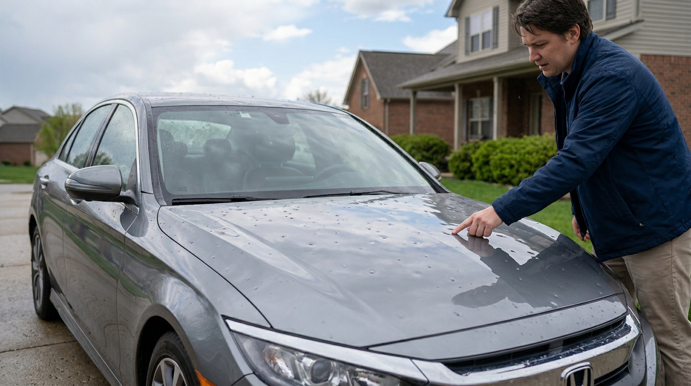 Un homme inspecte le capot cabossé d'une voiture grise, couvert de petites bosses dues à la grêle, devant sa maison.