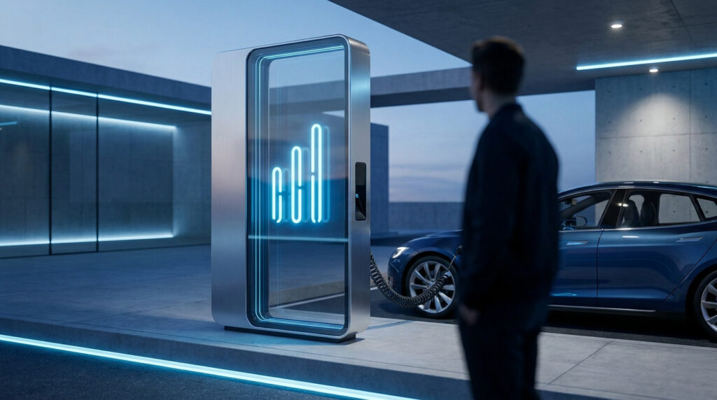 Une voiture électrique en charge devant une borne futuriste avec un affichage lumineux bleu.