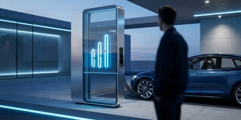 Une voiture électrique en charge devant une borne futuriste avec un affichage lumineux bleu.