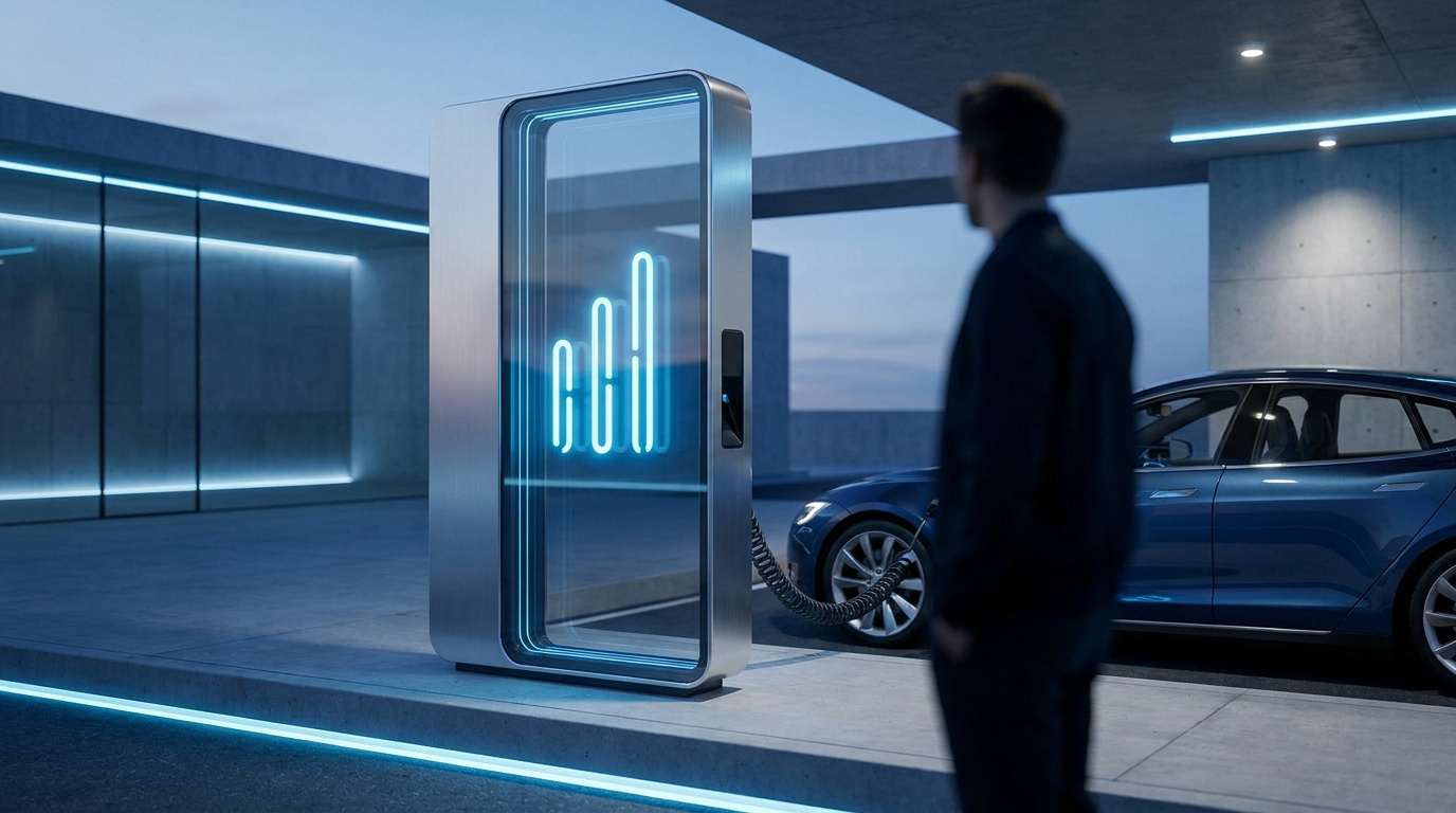 Une voiture électrique en charge devant une borne futuriste avec un affichage lumineux bleu.