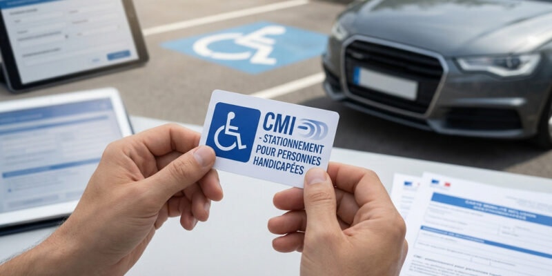 Une personne tient une Carte Mobilité Inclusion (CMI) pour le stationnement devant une place réservée et une voiture.