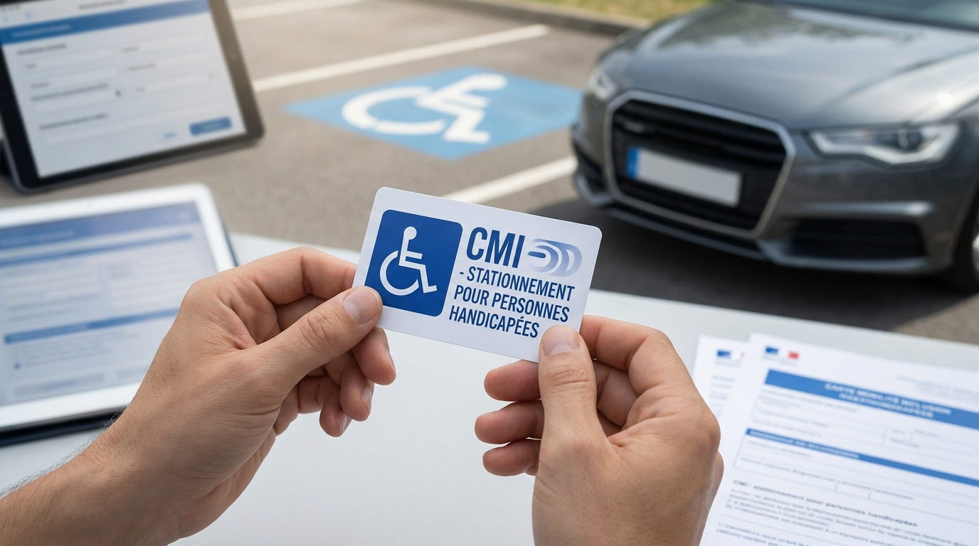 Une personne tient une Carte Mobilité Inclusion (CMI) pour le stationnement devant une place réservée et une voiture.