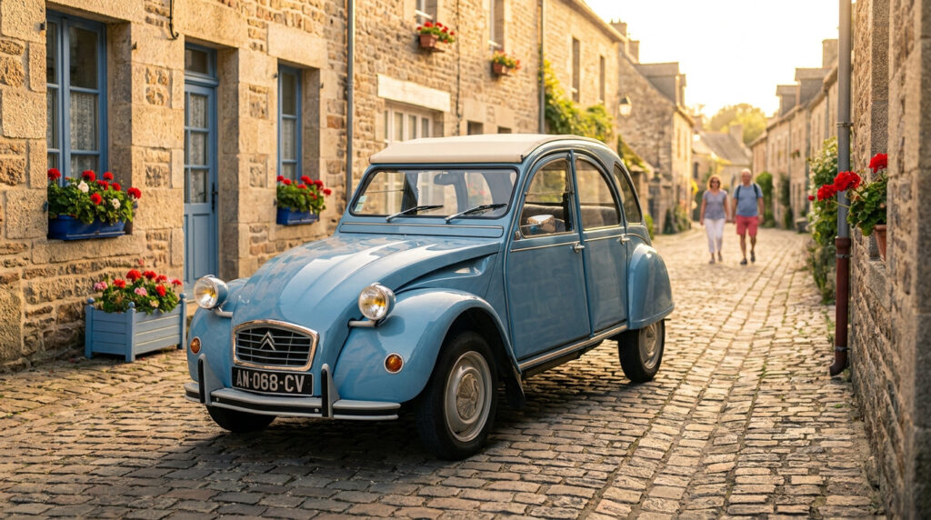 Une Citroën 2CV bleue garée dans une rue pavée fleurie avec un couple marchant en arrière-plan sous un soleil couchant.