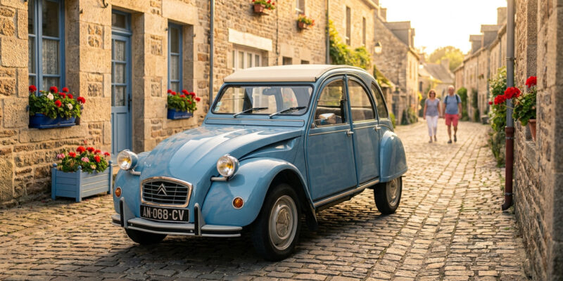 Une Citroën 2CV bleue garée dans une rue pavée fleurie avec un couple marchant en arrière-plan sous un soleil couchant.