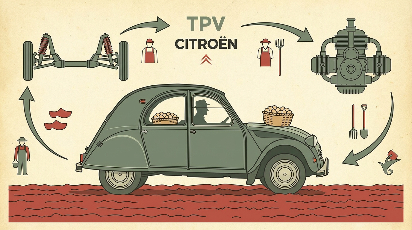 Infographie vintage retraçant l'évolution de la Citroën 2CV du projet TPV à la production de série