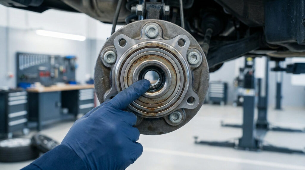 Un mécanicien en gants bleus inspectant le moyeu et le roulement d'une roue de voiture dans un atelier.