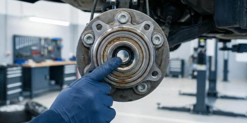 Un mécanicien en gants bleus inspectant le moyeu et le roulement d'une roue de voiture dans un atelier.