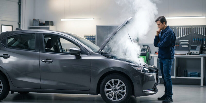 Un mécanicien perplexe devant une voiture grise en panne dégageant une épaisse fumée blanche sous le capot dans un garage.