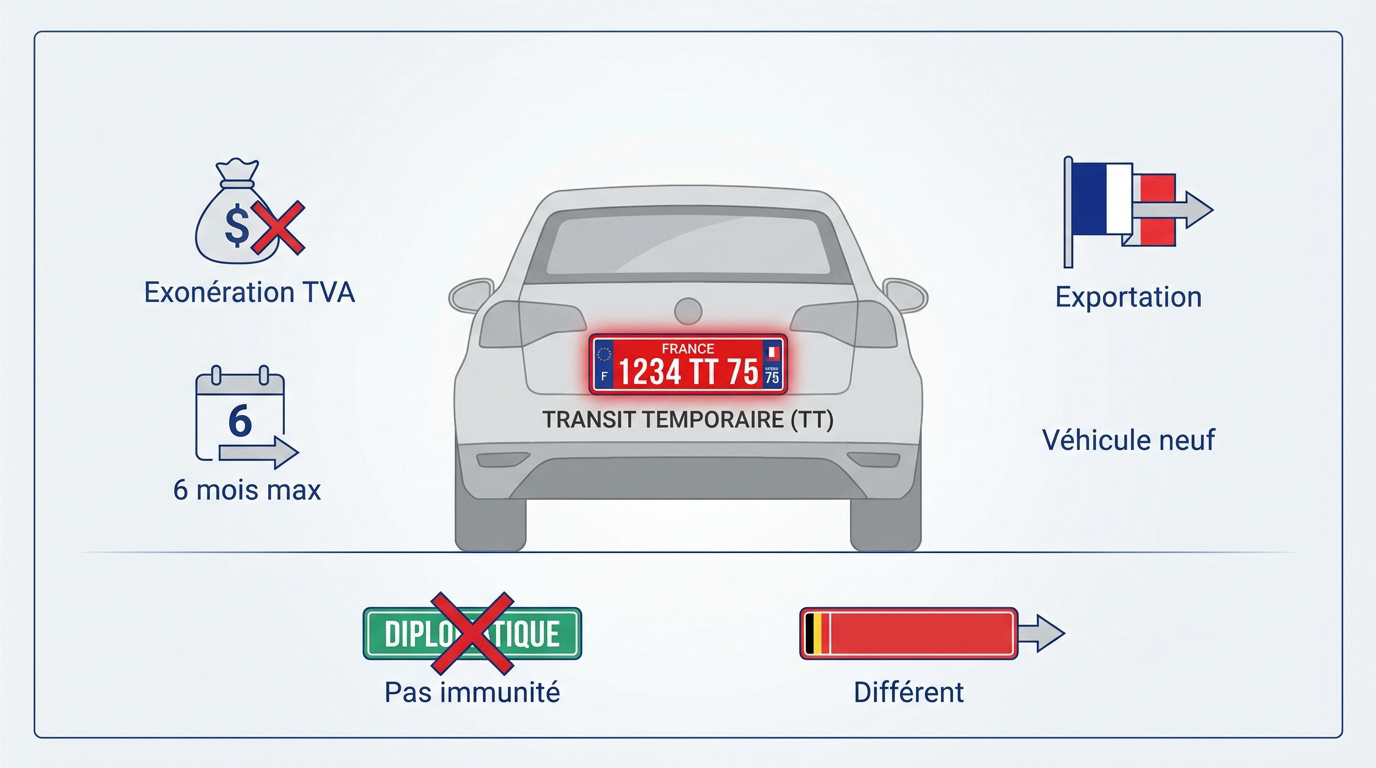 Véhicule neuf équipé d'une plaque d'immatriculation rouge de transit temporaire en France