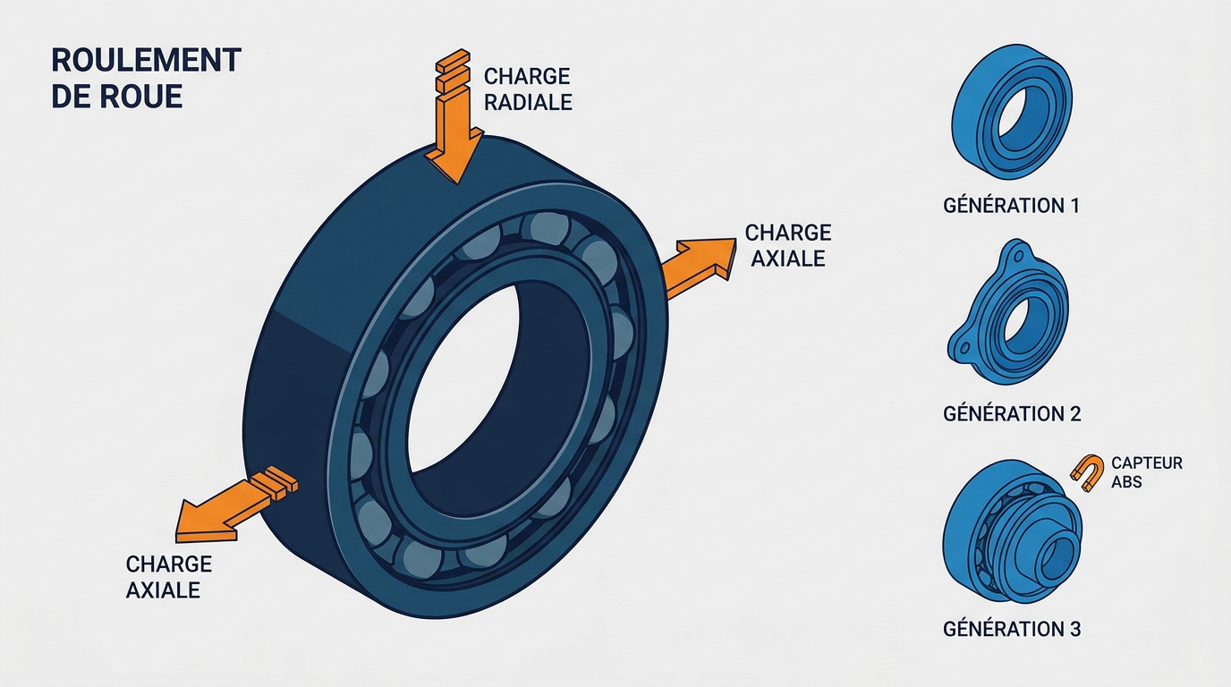 Schéma technique des charges radiales et axiales sur un roulement de roue moderne