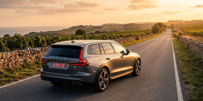 Une Volvo grise avec une plaque d'immatriculation rouge circulant sur une route côtière au coucher du soleil.