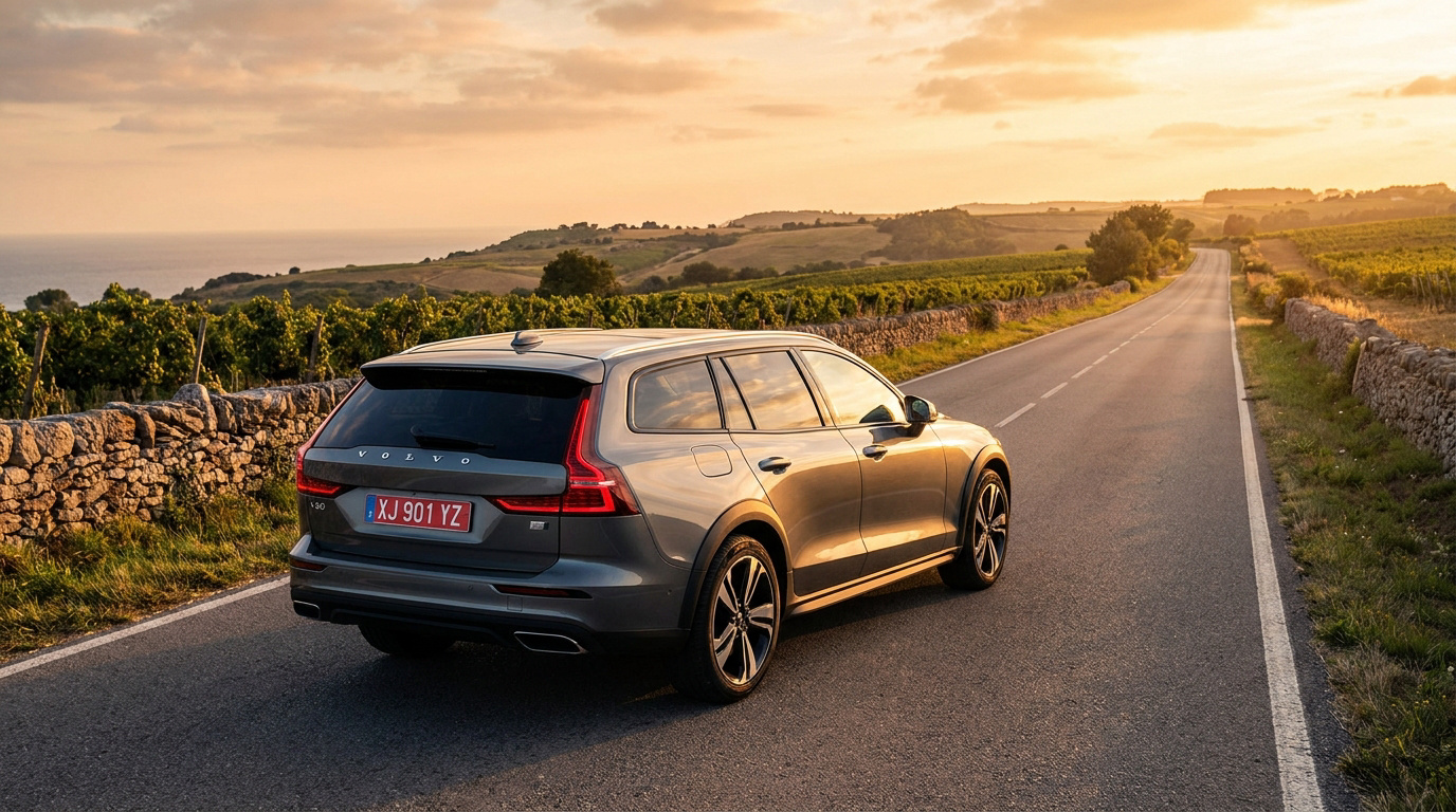 Une Volvo grise avec une plaque d'immatriculation rouge circulant sur une route côtière au coucher du soleil.