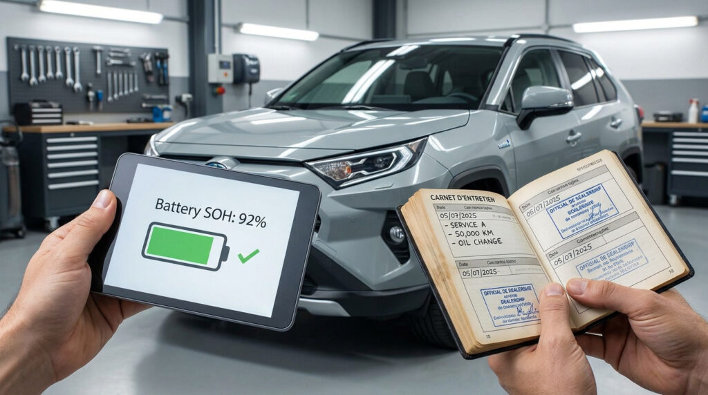 Mains tenant une tablette affichant 92% de batterie et un carnet d'entretien devant un SUV hybride dans un atelier.