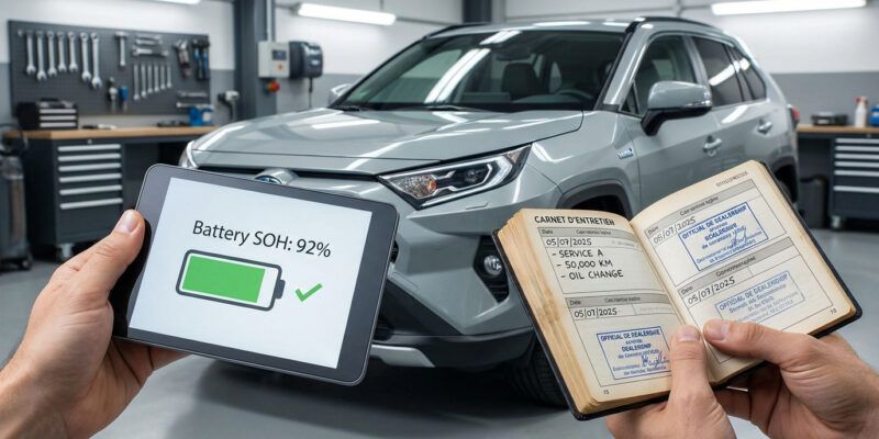 Mains tenant une tablette affichant 92% de batterie et un carnet d'entretien devant un SUV hybride dans un atelier.