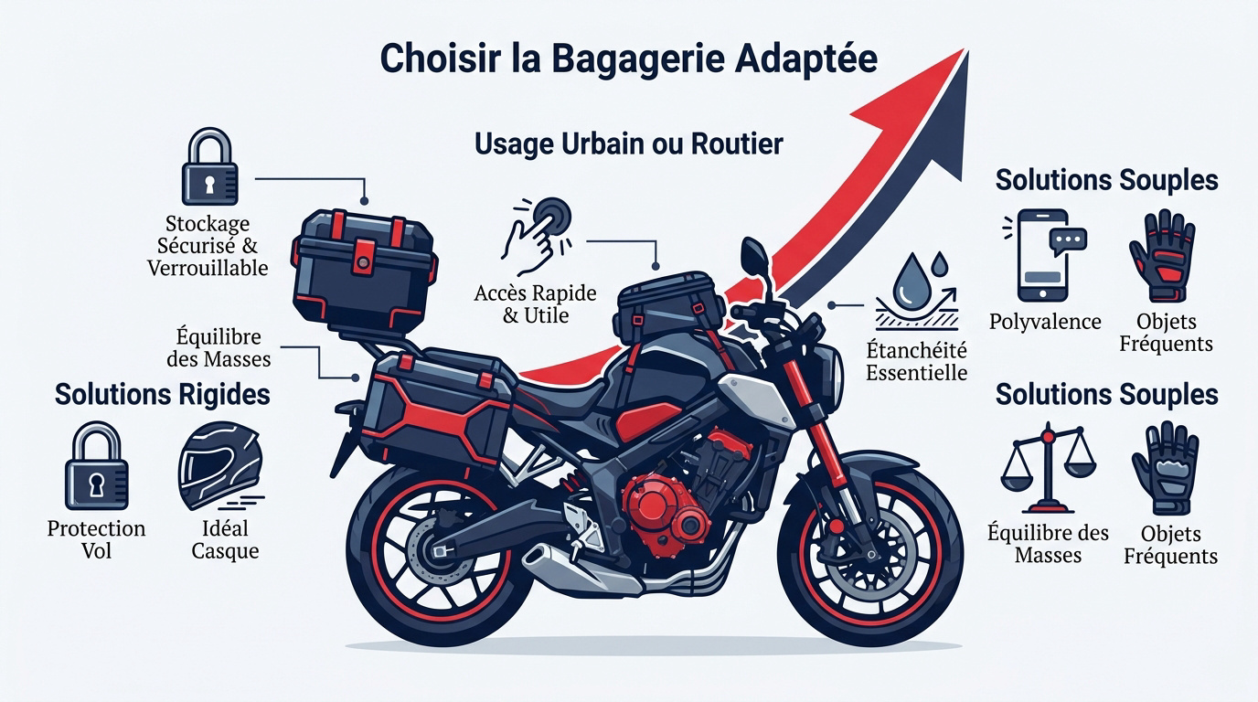 Comparaison entre bagagerie moto rigide et sacoches souples pour le voyage
