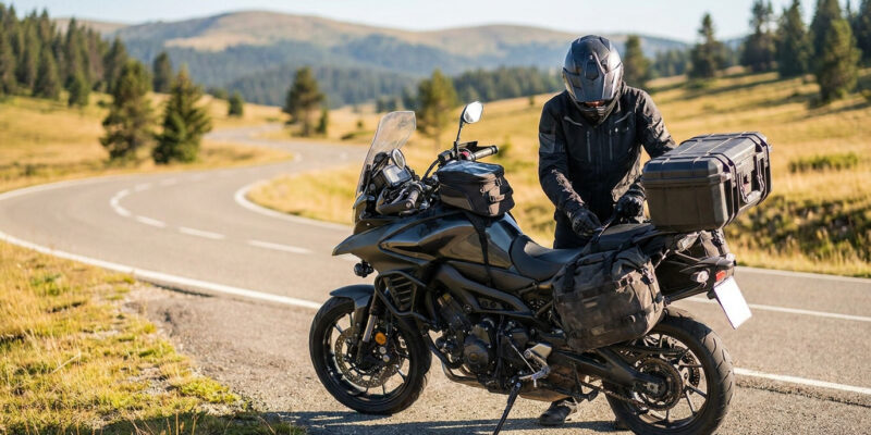 Un motard équipé vérifie ses sacoches sur une route de montagne sinueuse lors d'un voyage en moto.