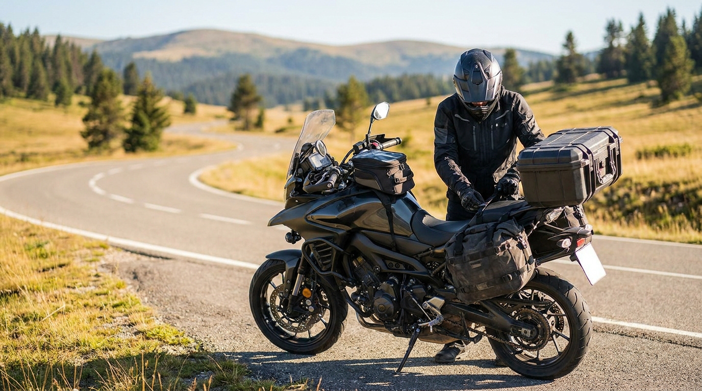 Un motard équipé vérifie ses sacoches sur une route de montagne sinueuse lors d'un voyage en moto.