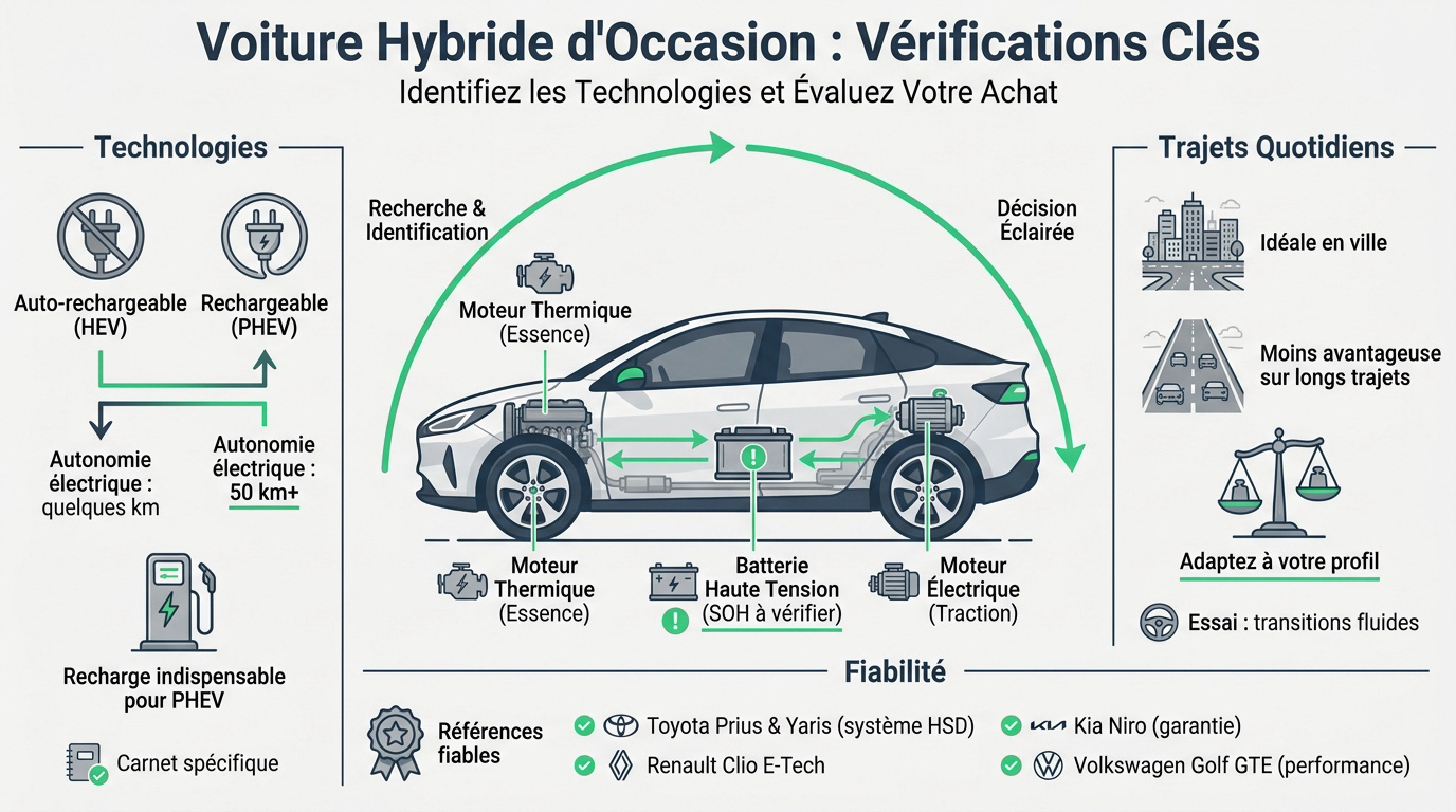 Contrôle technique d'une voiture hybride d'occasion pour vérifier la batterie et le moteur