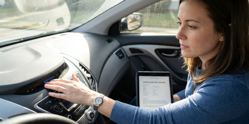 Une femme vérifie le kilométrage sur le tableau de bord d'une voiture tout en consultant un rapport d'historique.
