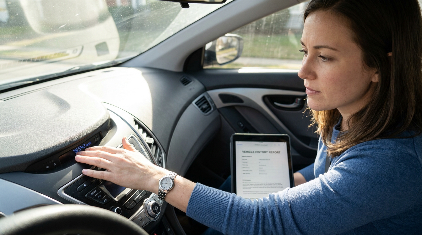 Une femme vérifie le kilométrage sur le tableau de bord d'une voiture tout en consultant un rapport d'historique.
